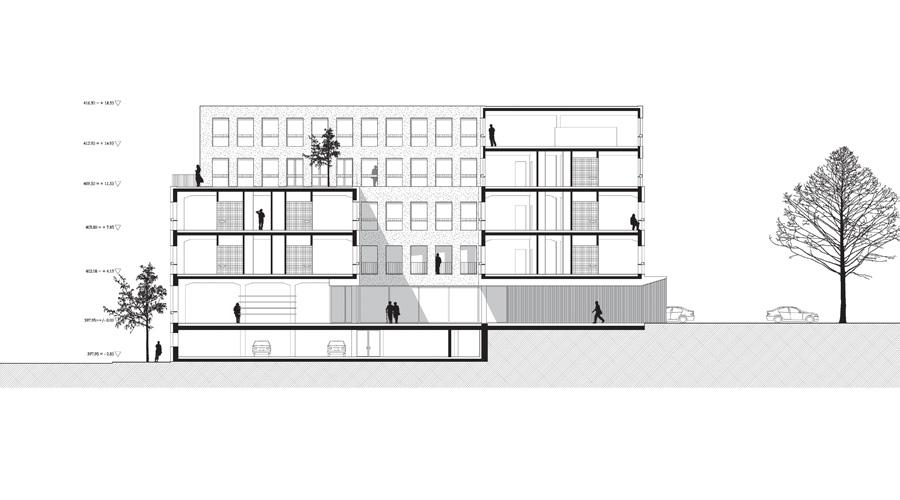 Transverse section through the courtyard and stepped building levels