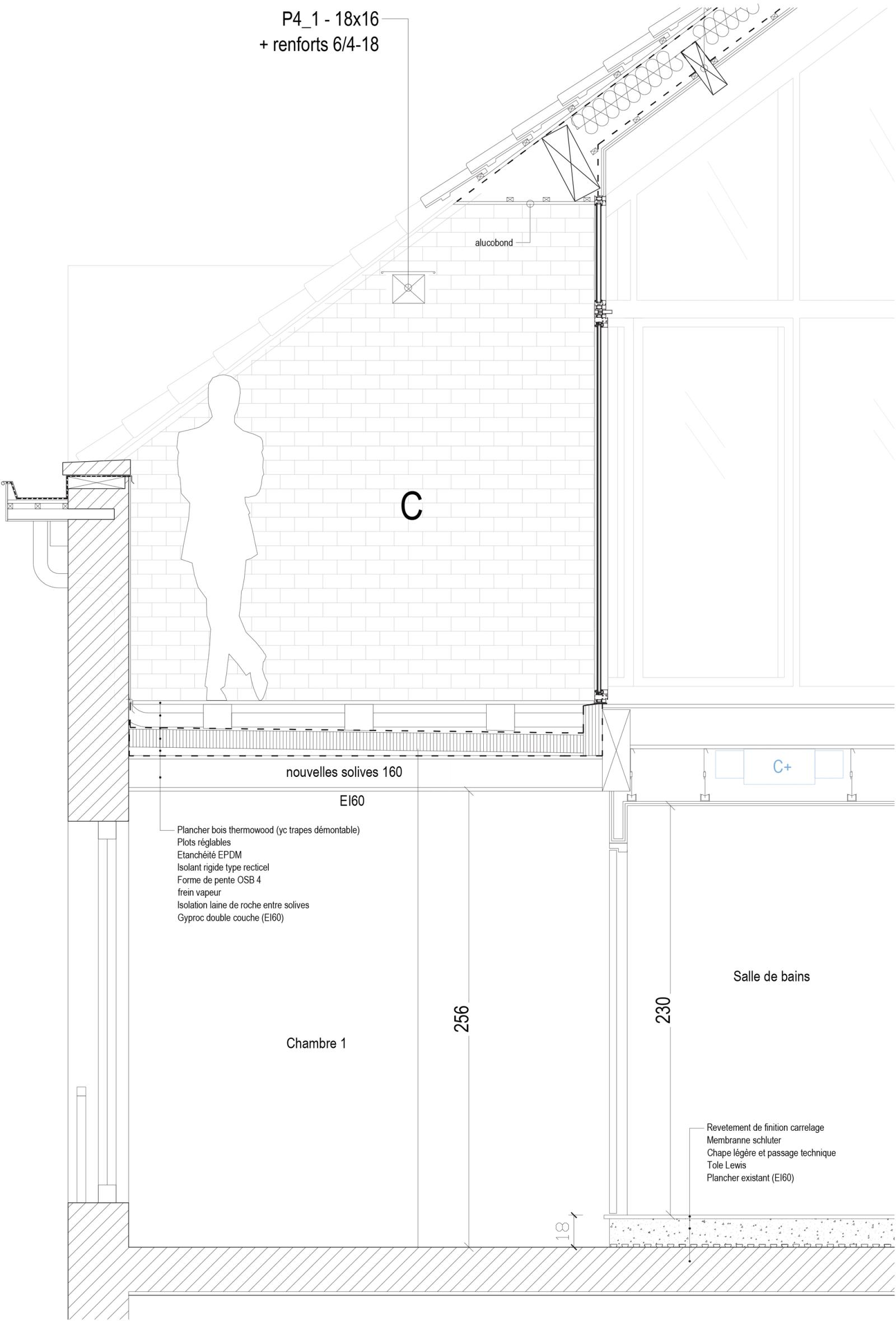 Construction section through the wall, roof junction and rooms