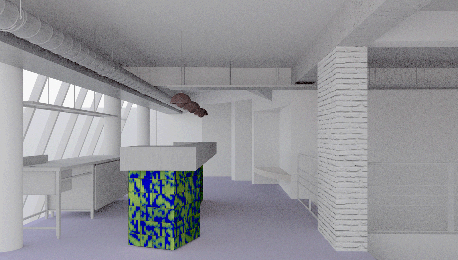 Interior rendering of a juice bar beneath exposed structure