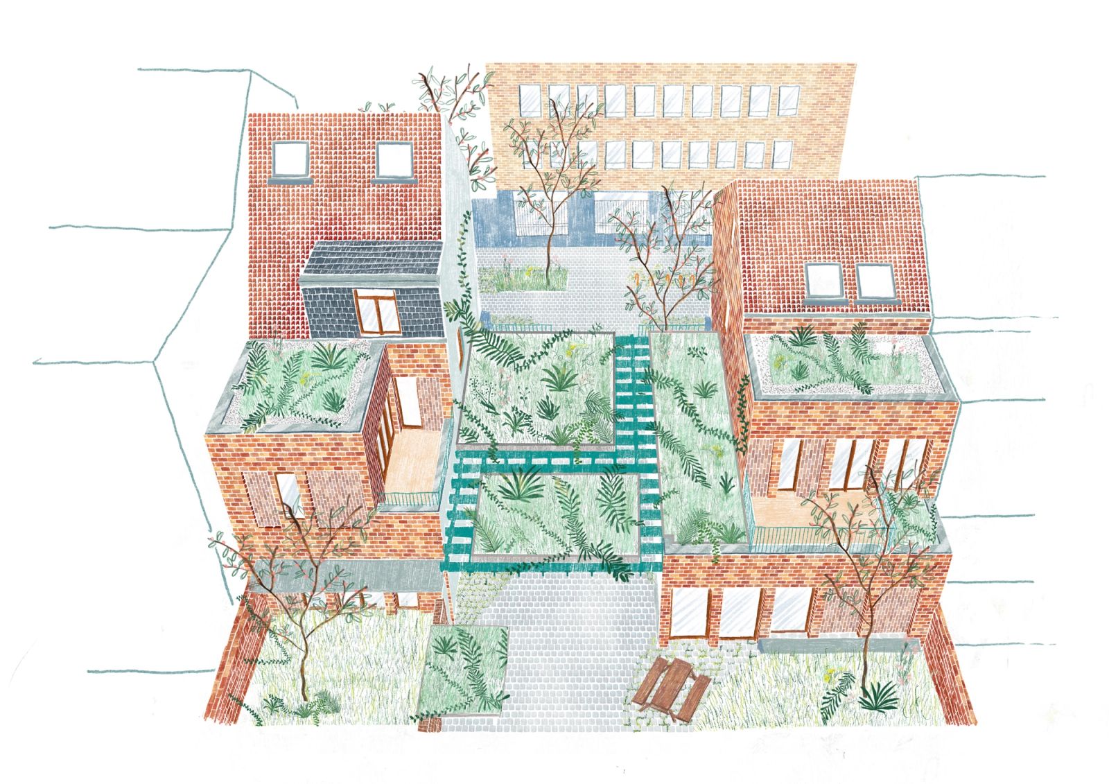 Aerial illustration of the planted canopy and surrounding buildings.