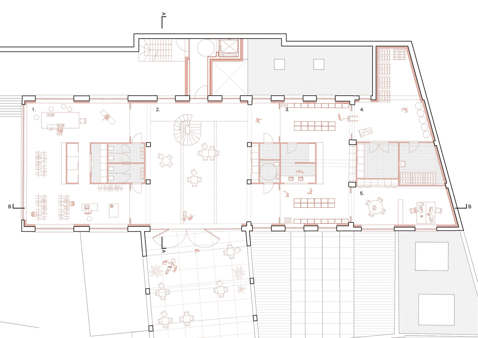 Ground-floor plan with shared spaces opening to the courtyard