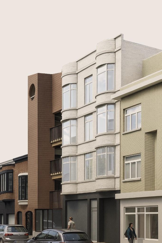 Rendering of a new upper volume inserted behind a curved brick façade