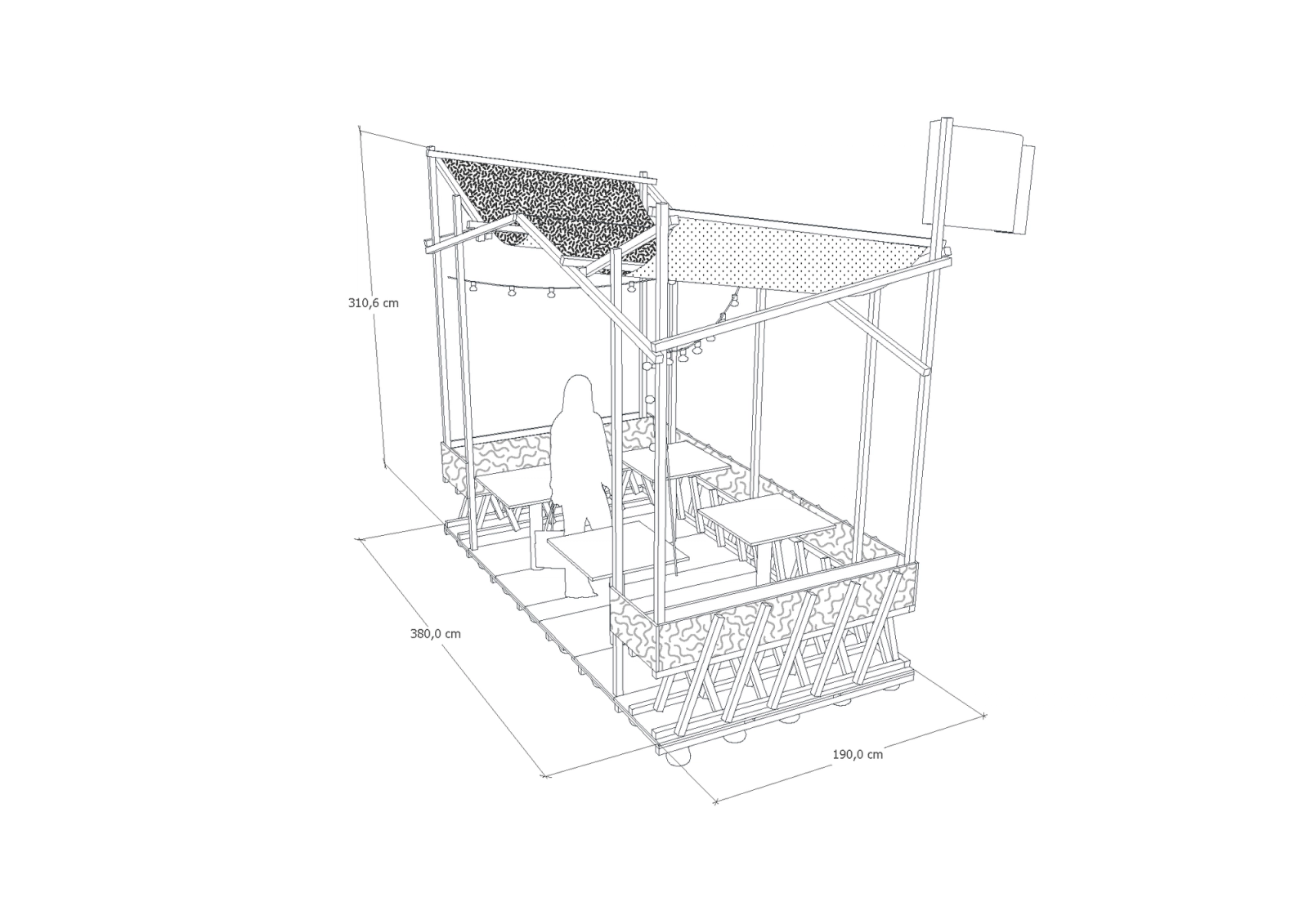 Cutaway axonometric showing the pavilion platform and canopy supports