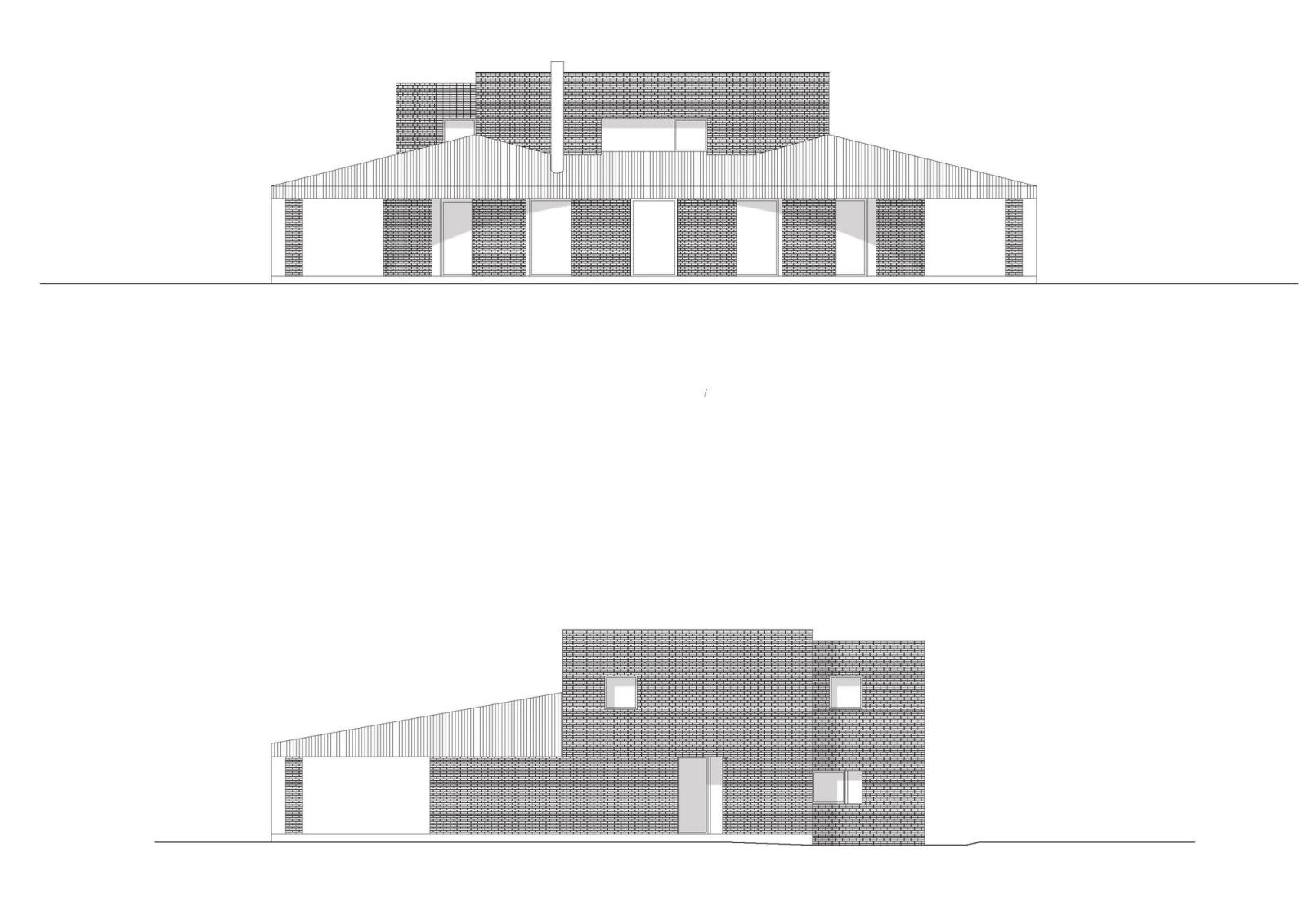 Front and rear elevations of the low brick house