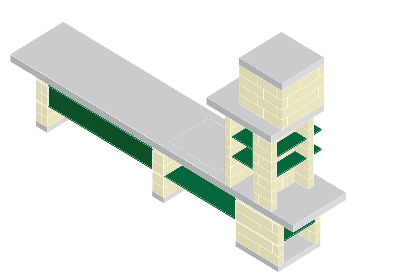 Axonometric of shelving bridges linking two tall display volumes