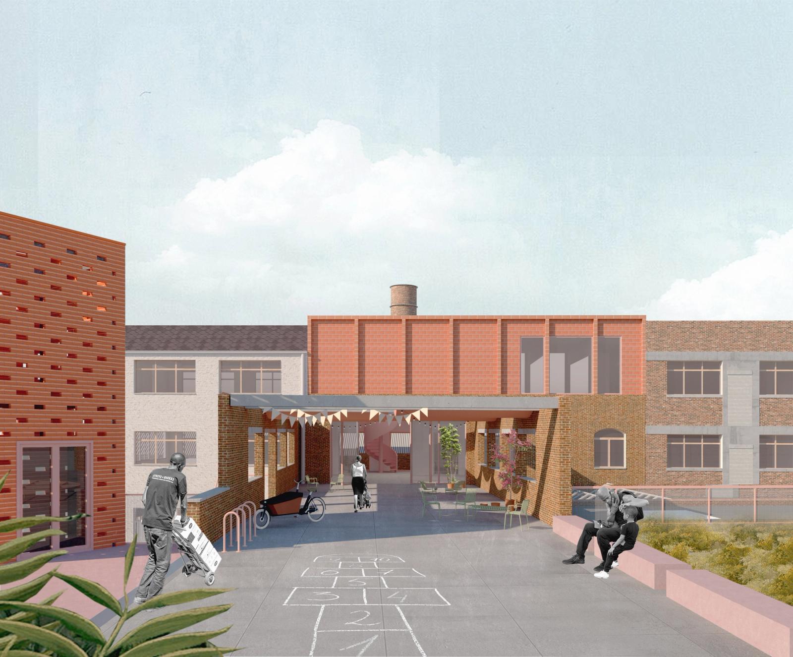 Rendering of a colorful school terrace and play courtyard