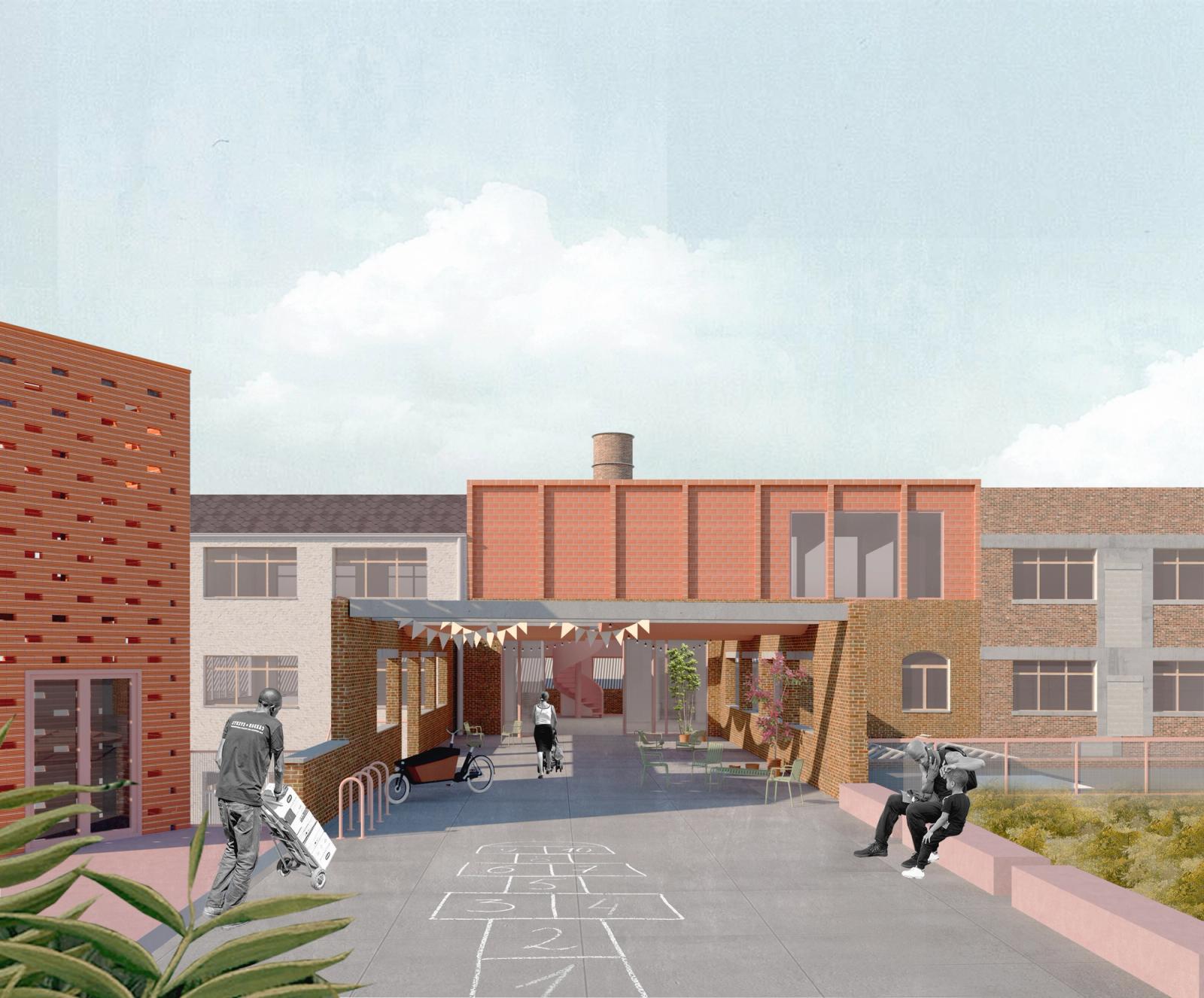 Rendering of a colorful school terrace and play courtyard
