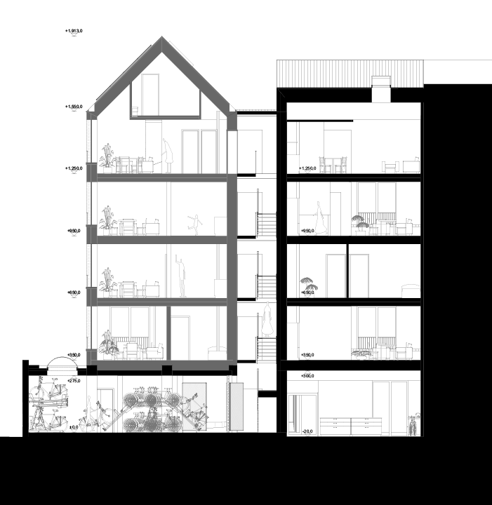 Longitudinal section through the gabled apartment building