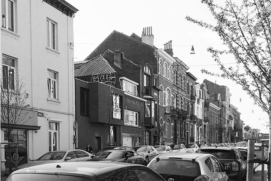 Black-and-white view of the existing street frontage