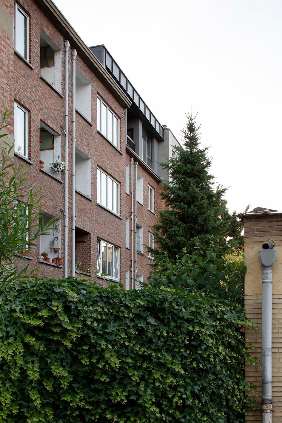 Rear façade of the existing brick apartment building