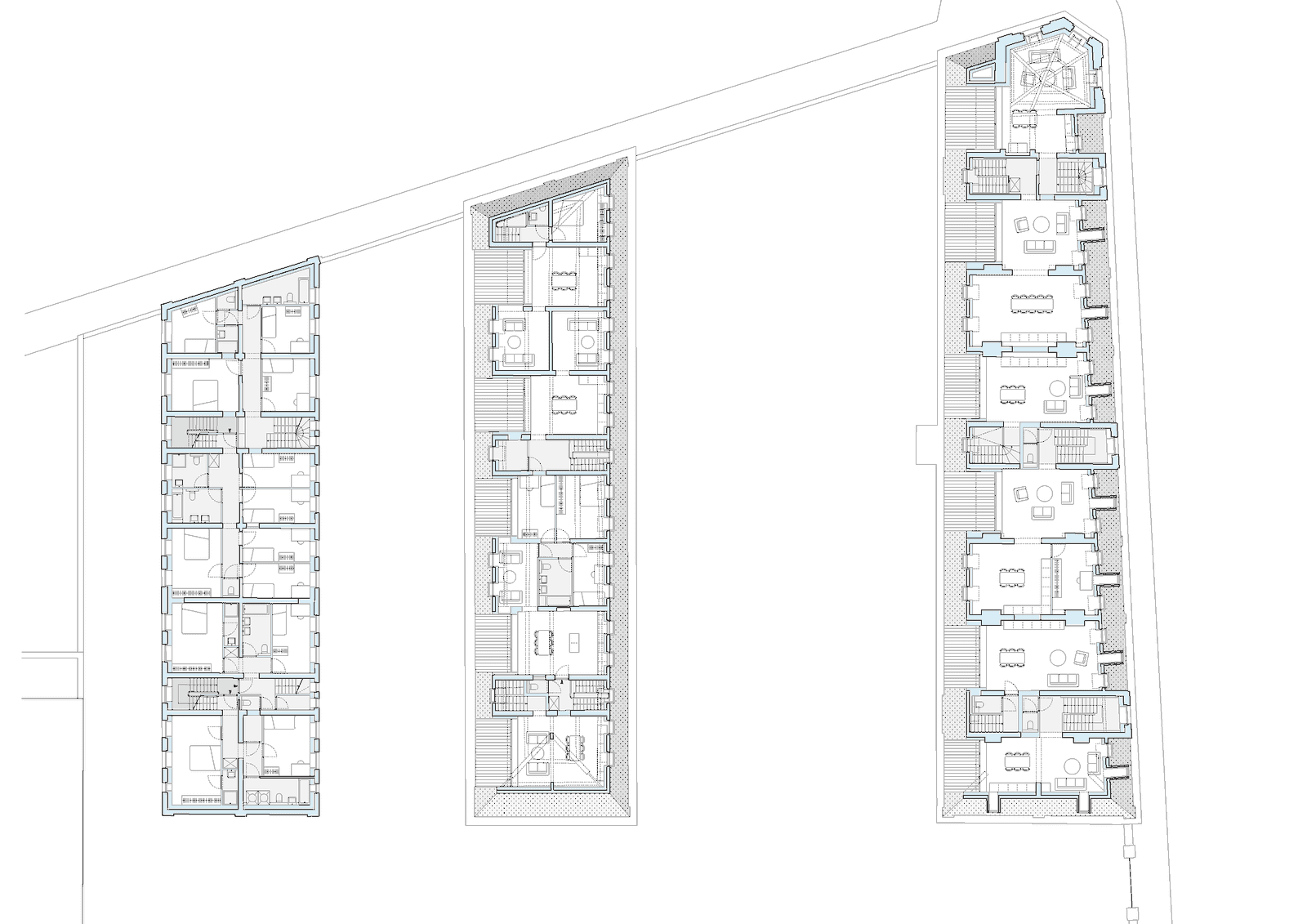 Three floor plans showing the residential wings at successive levels