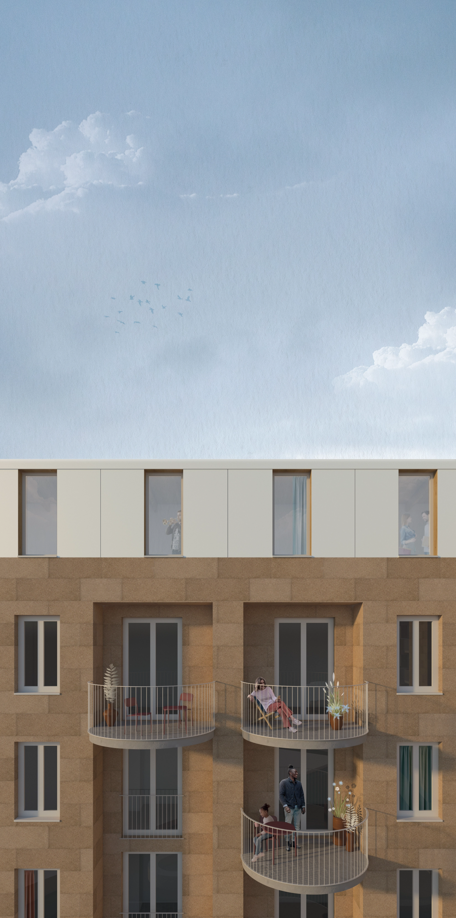 Brick façade with inset windows and projecting balconies