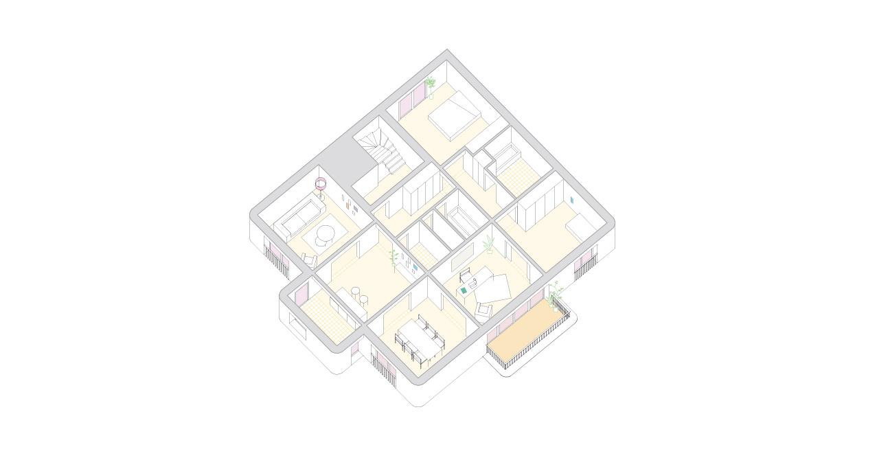 Interior axonometric showing rooms arranged around a central core