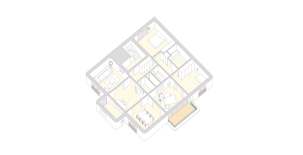 Interior axonometric showing rooms arranged around a central core