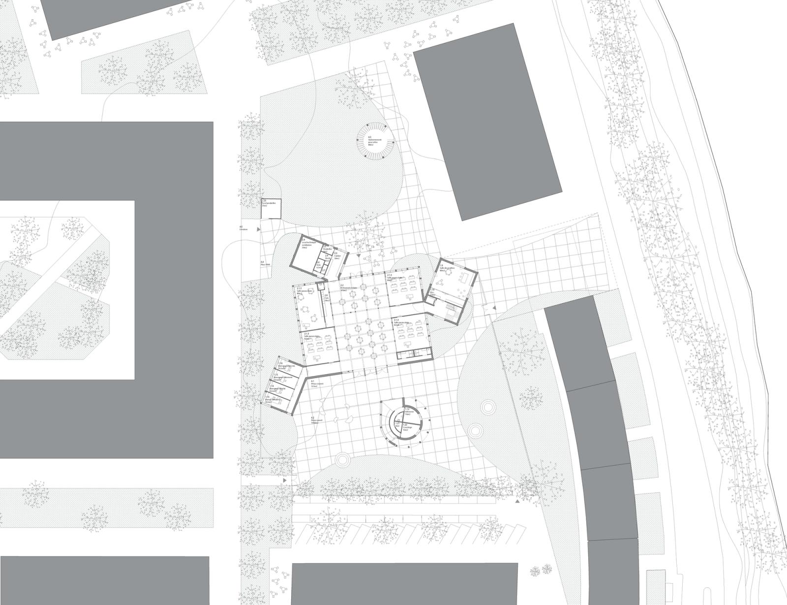 Site plan showing the new complex between perimeter blocks