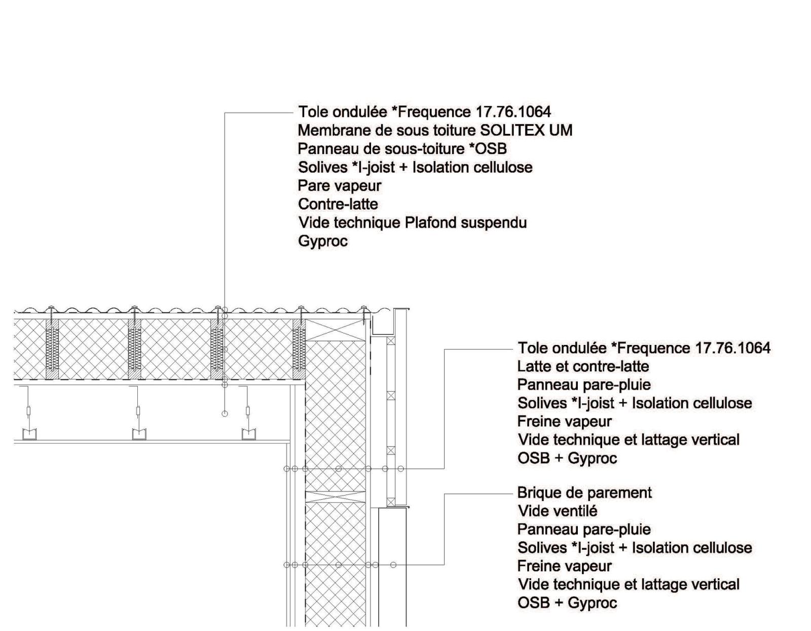 Construction detail through the insulated wall and corrugated roof