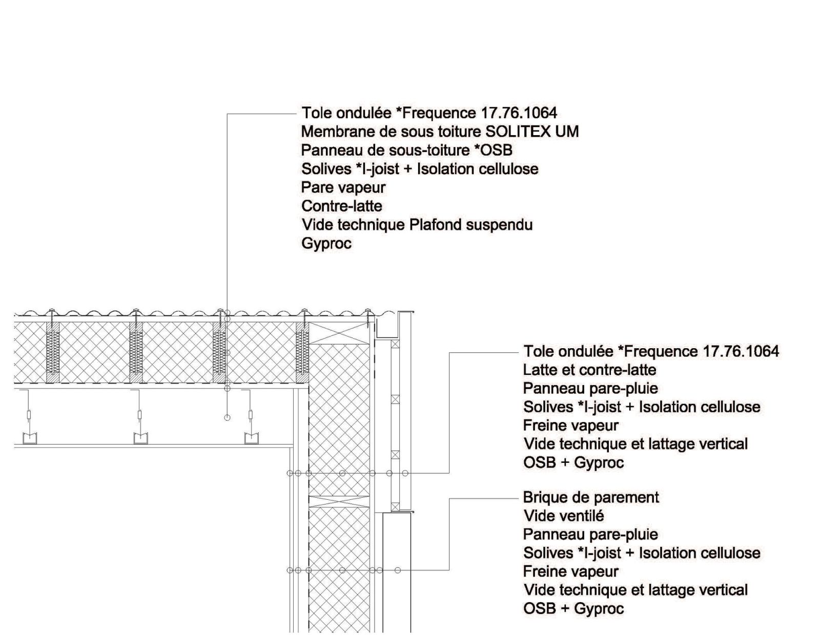 Construction detail through the insulated wall and corrugated roof