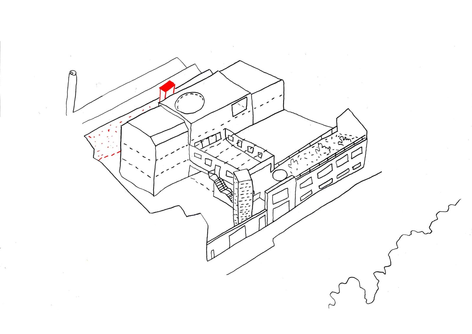 Axonometric marking a small red rooftop element on the existing school