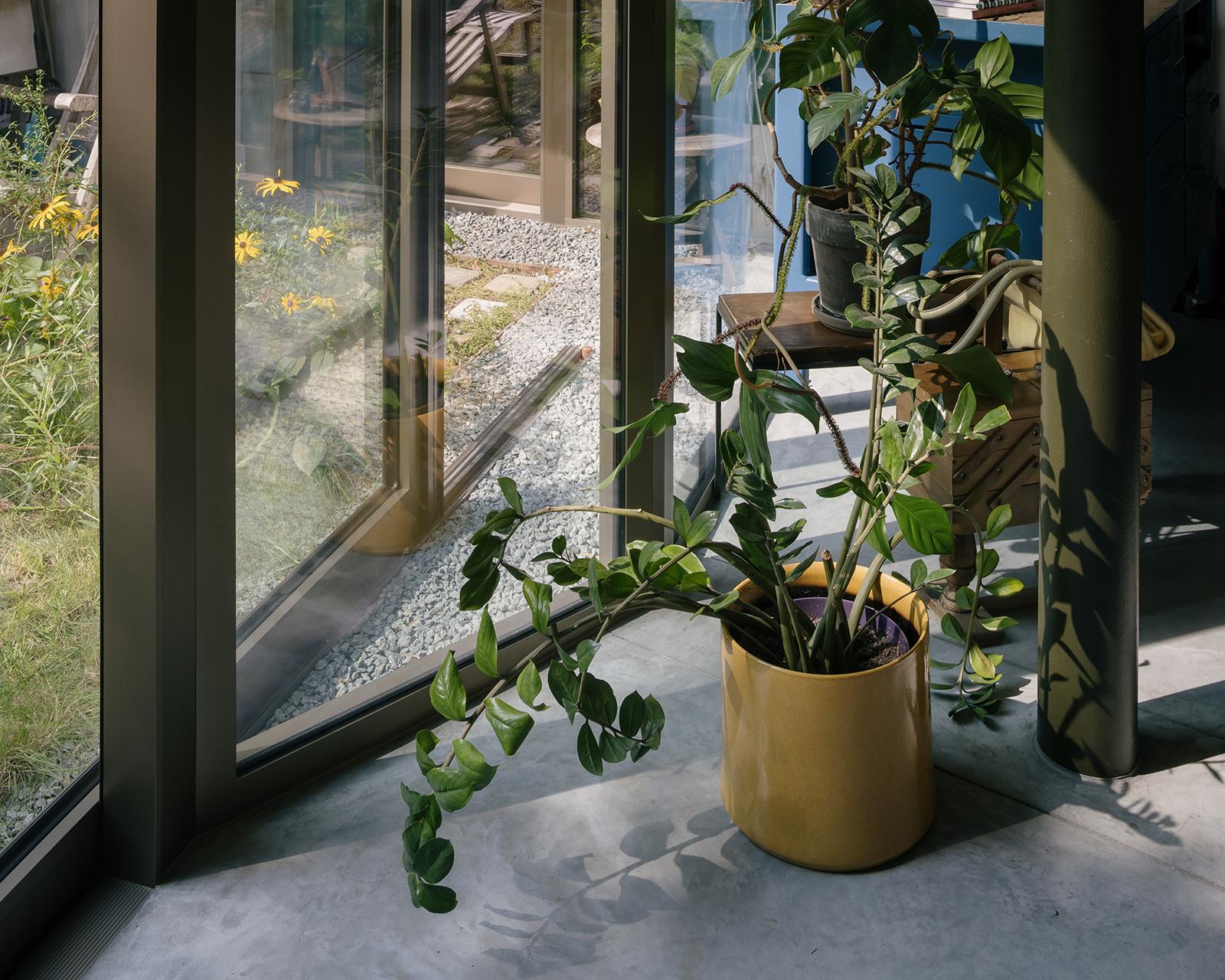 Close view of the glazed corner, planter and garden path