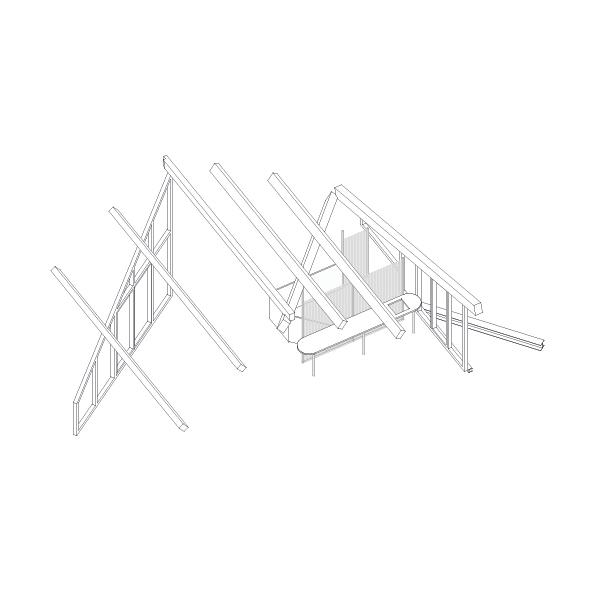 Exploded axonometric of the timber roof and stair structure