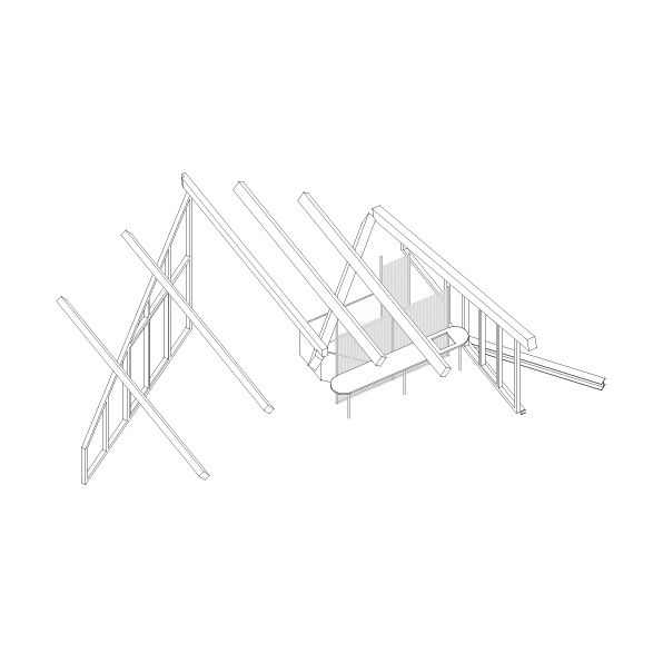 Exploded axonometric of the timber roof and stair structure