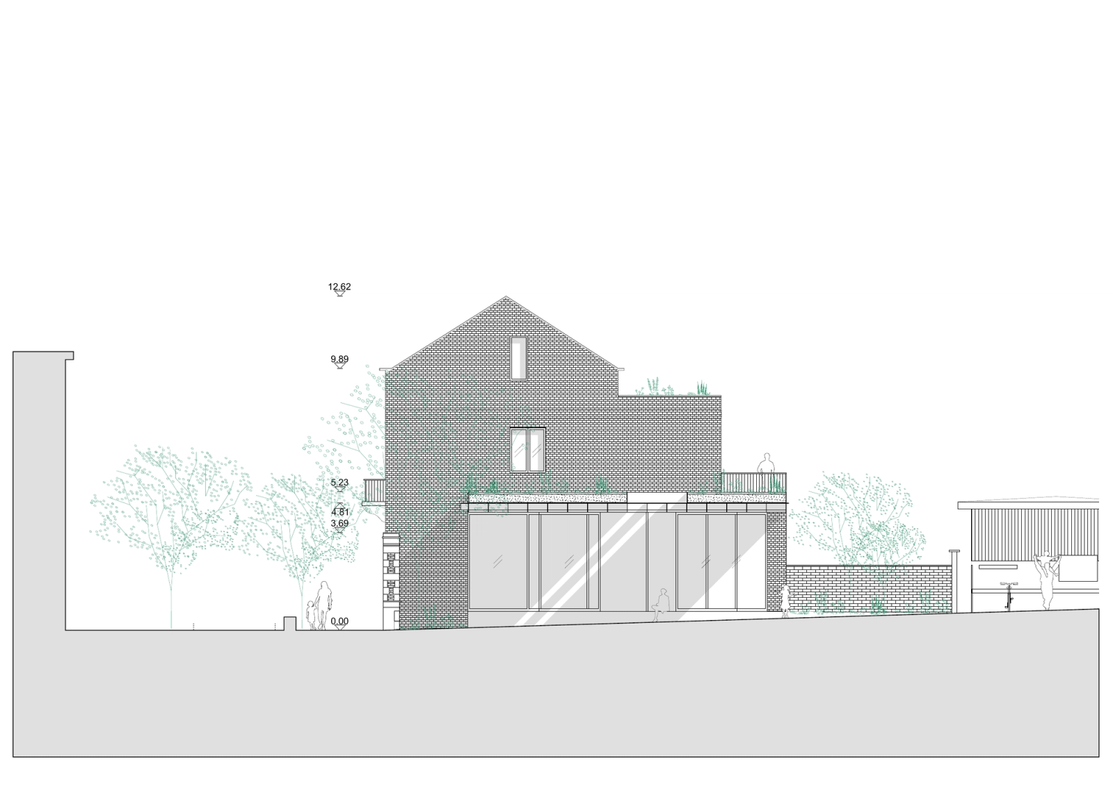 Side elevation showing the building volumes and extension.