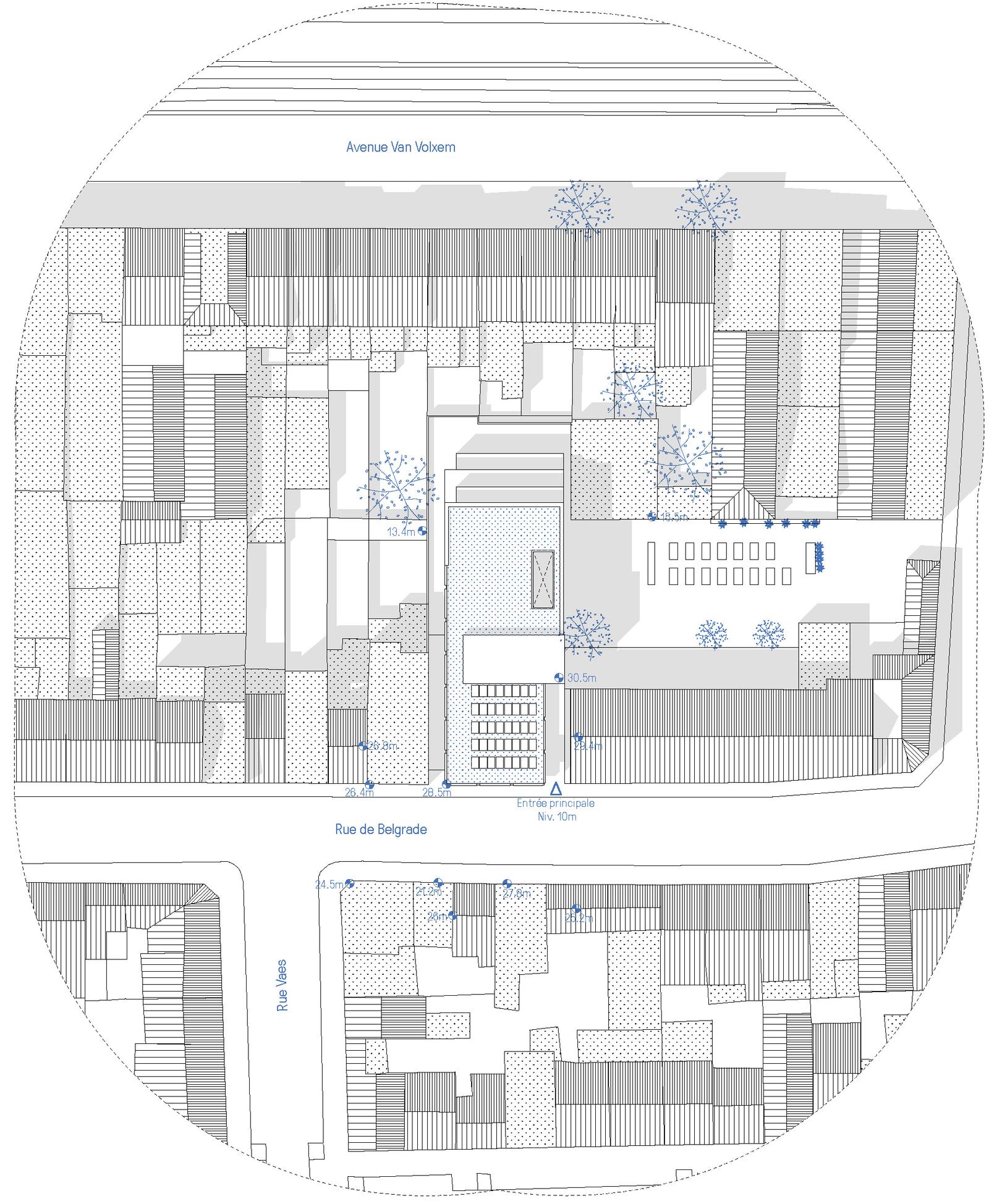 Urban site plan of a narrow rounded block among surrounding lots