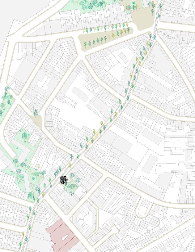 Neighborhood site plan linking the project to green walking routes