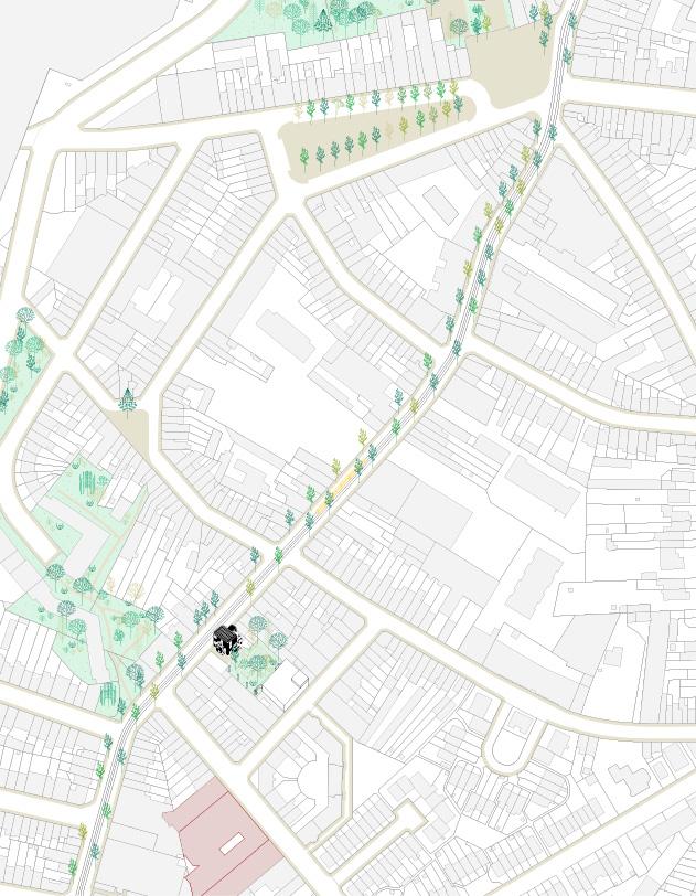 Neighborhood site plan linking the project to green walking routes