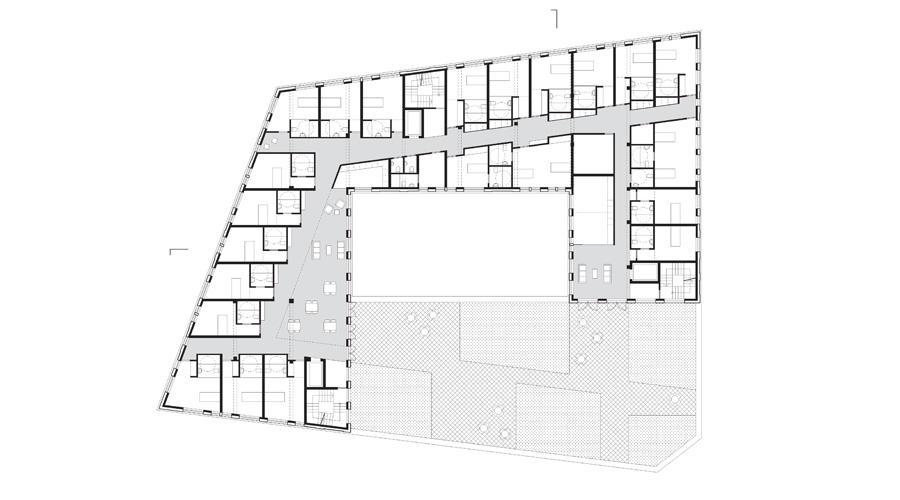 Third-floor plan with rooms wrapping the central courtyard