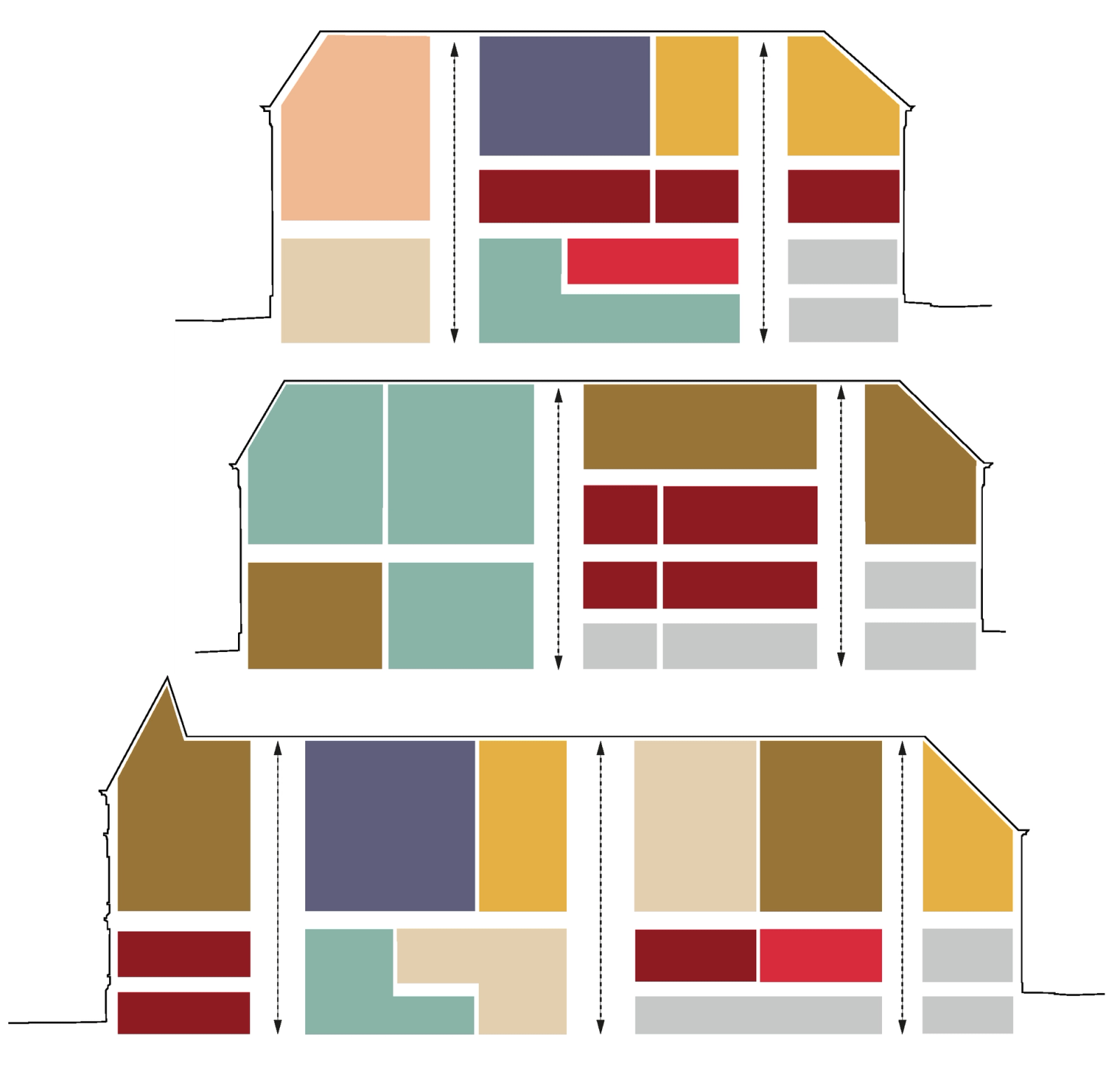 Colored programme diagrams comparing the building wings and sections