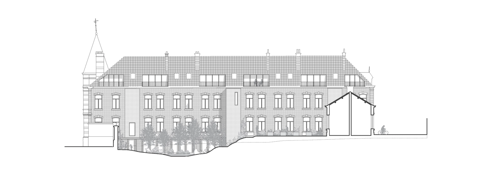 Long elevation of the existing institutional building
