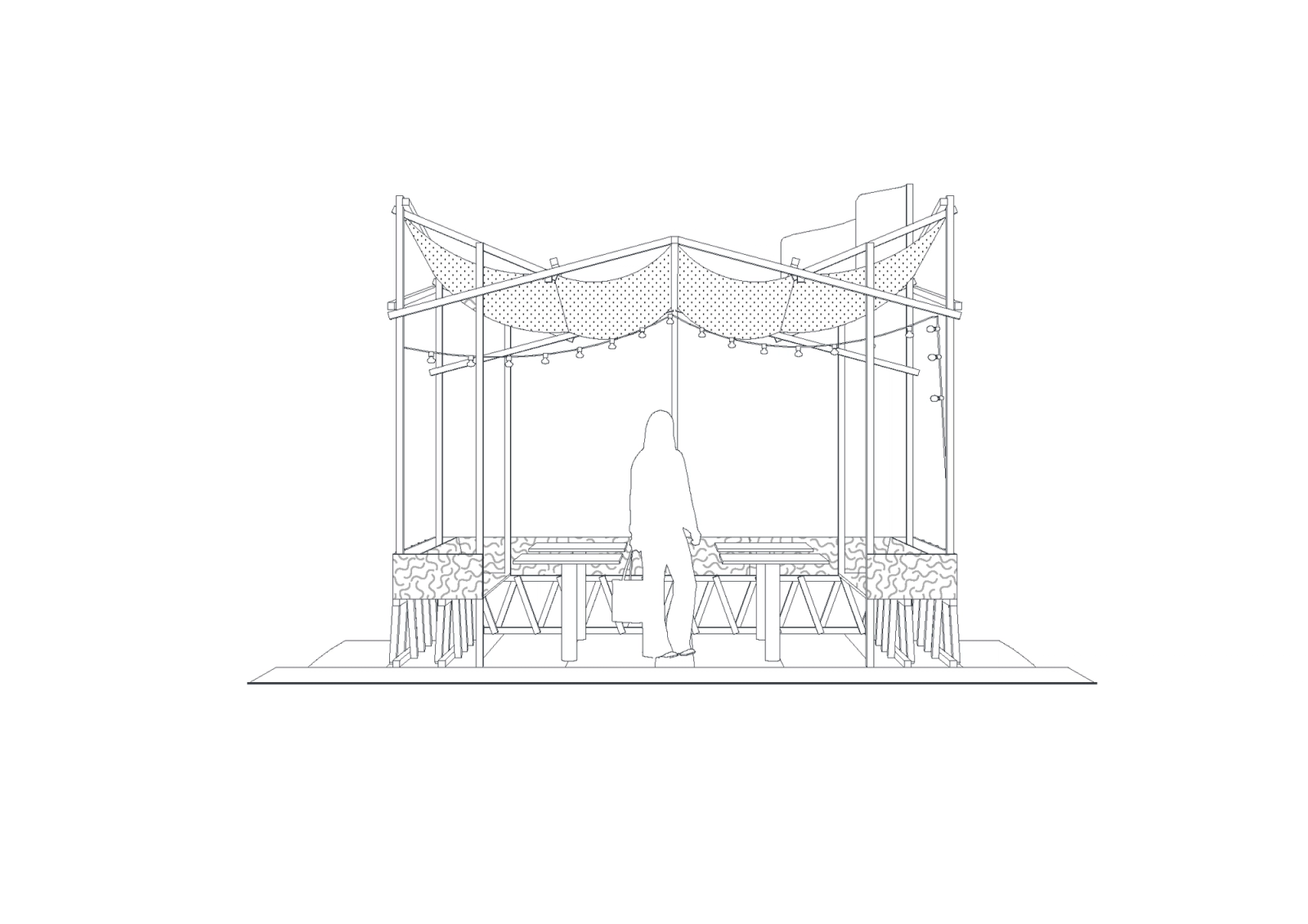 Front perspective drawing of a modular timber street pavilion