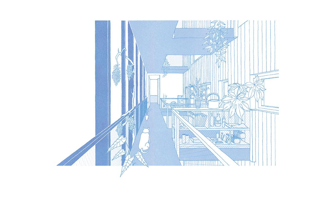 Blue perspective drawing of an exterior gallery planted with trees