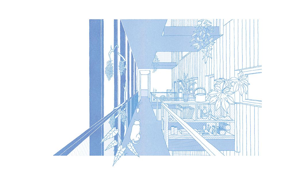 Blue perspective drawing of an exterior gallery planted with trees