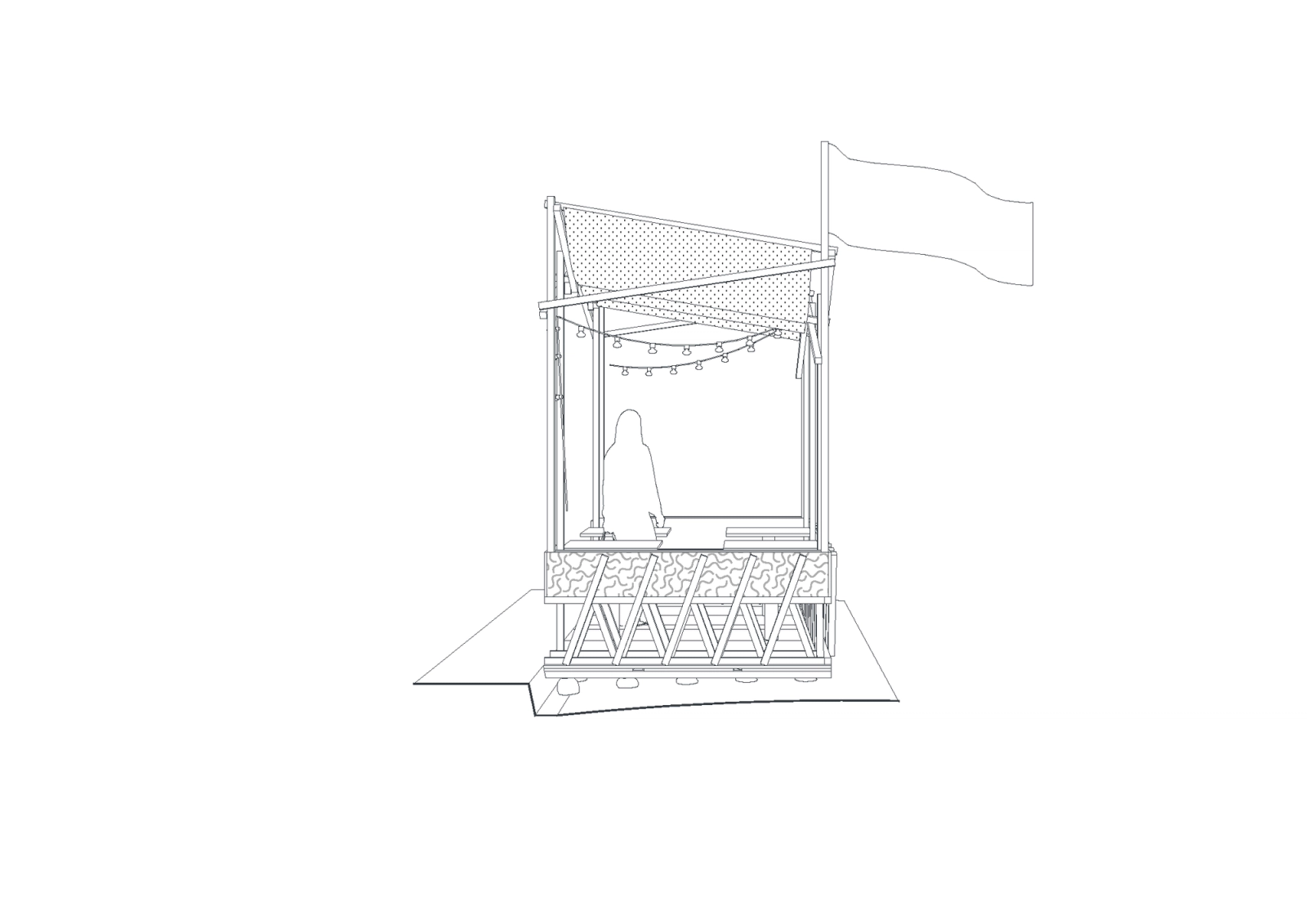 End section through the raised pavilion and draped canopy