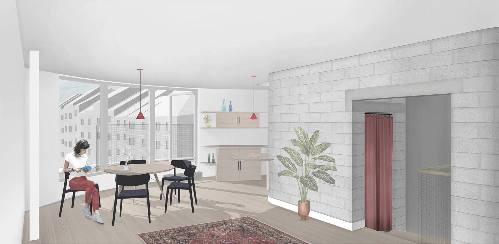 Open living room organized around an exposed block service core