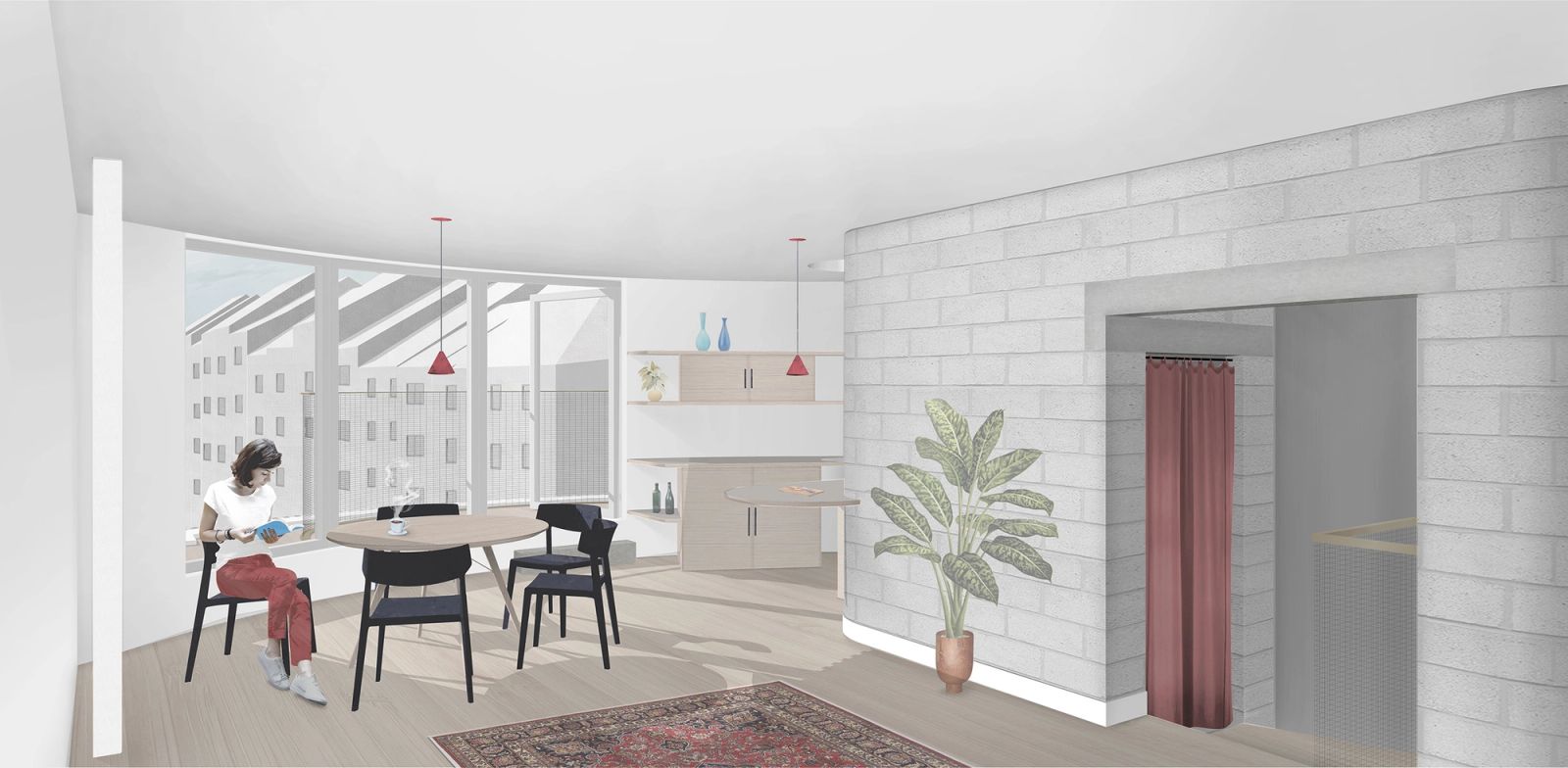 Open living room organized around an exposed block service core
