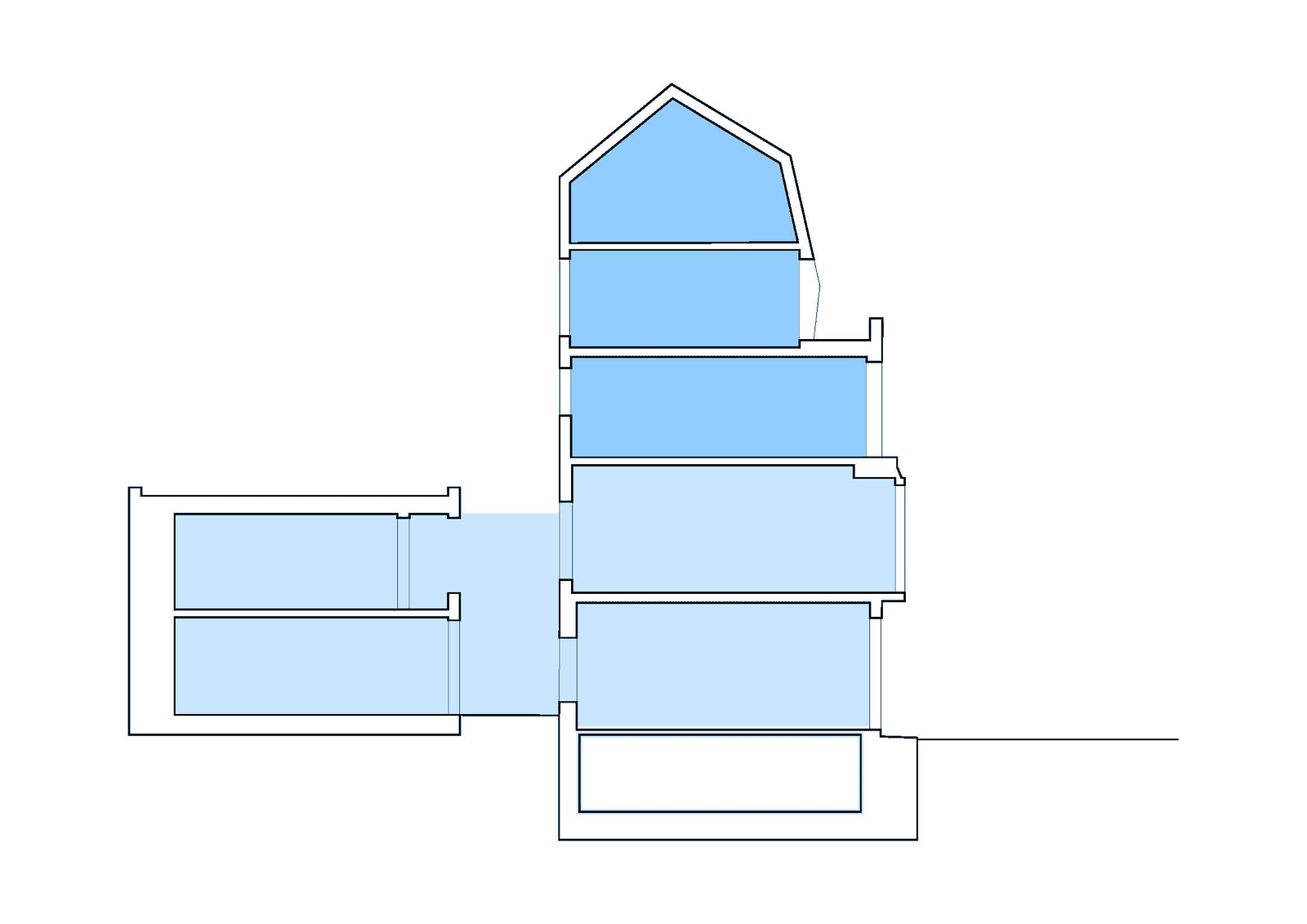 Building section with stacked interior levels highlighted in blue