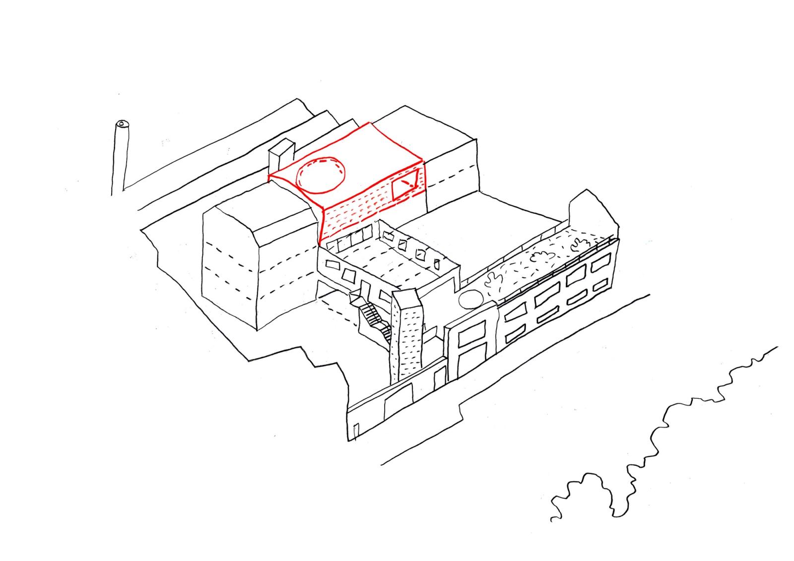 Axonometric highlighting a red rooftop insertion within the school