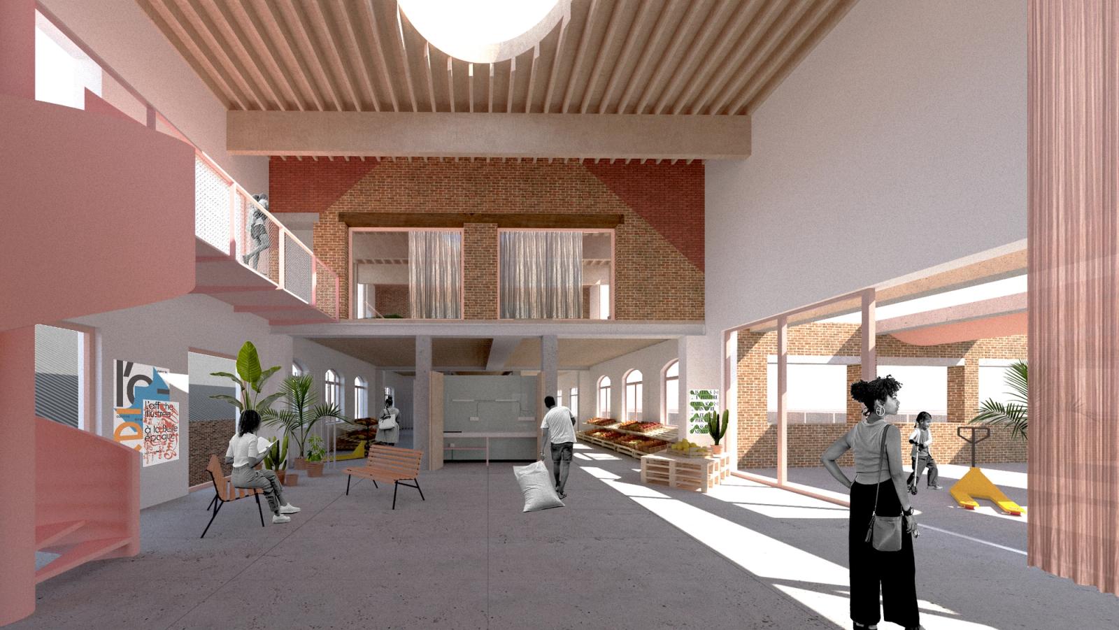 School hall with timber ceiling, pink walls and broad openings