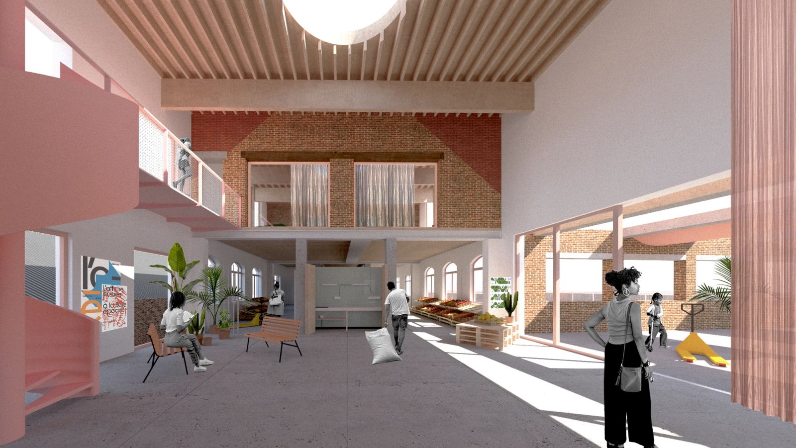 School hall with timber ceiling, pink walls and broad openings