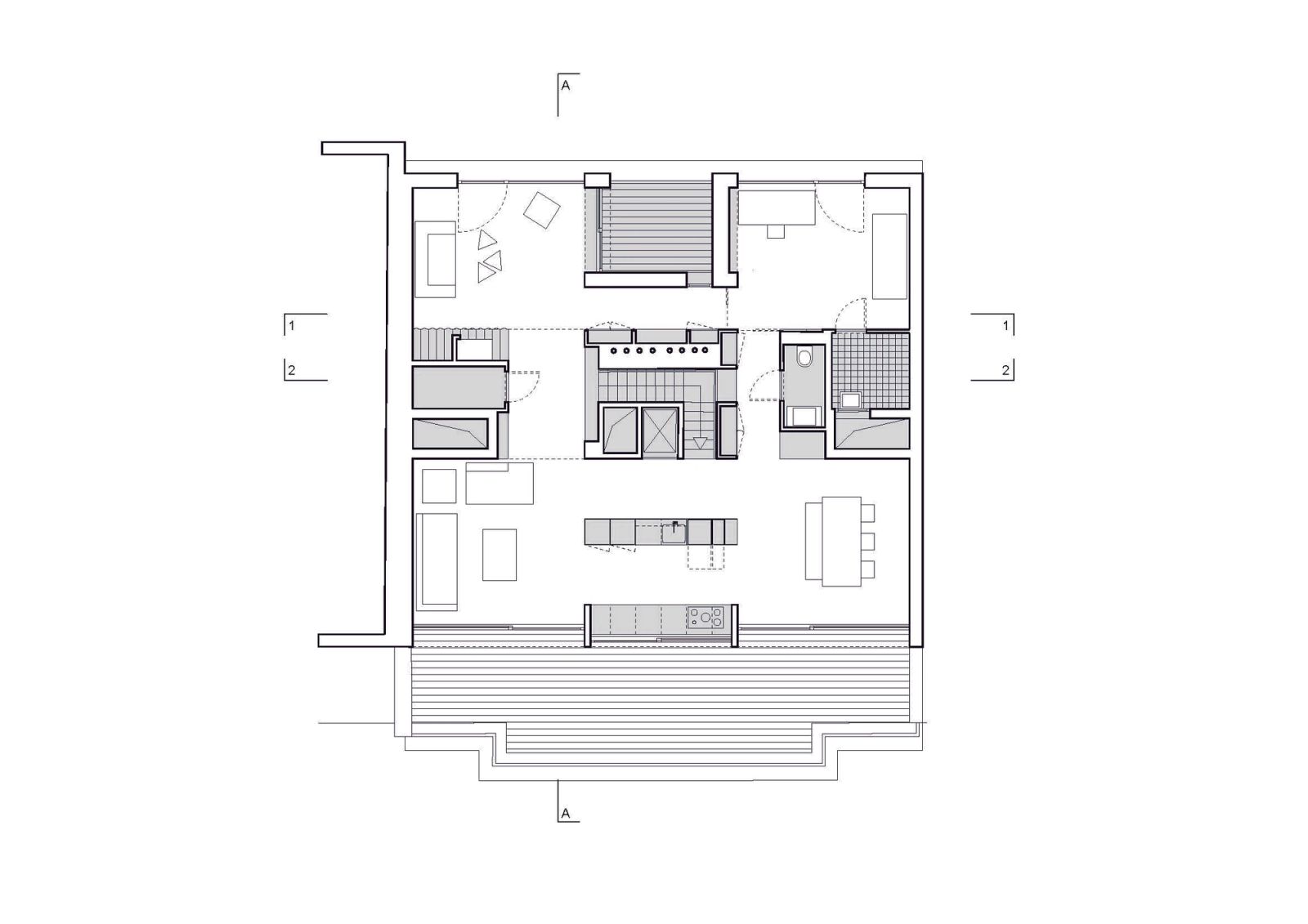 Upper-floor plan organized around the stair and living spaces