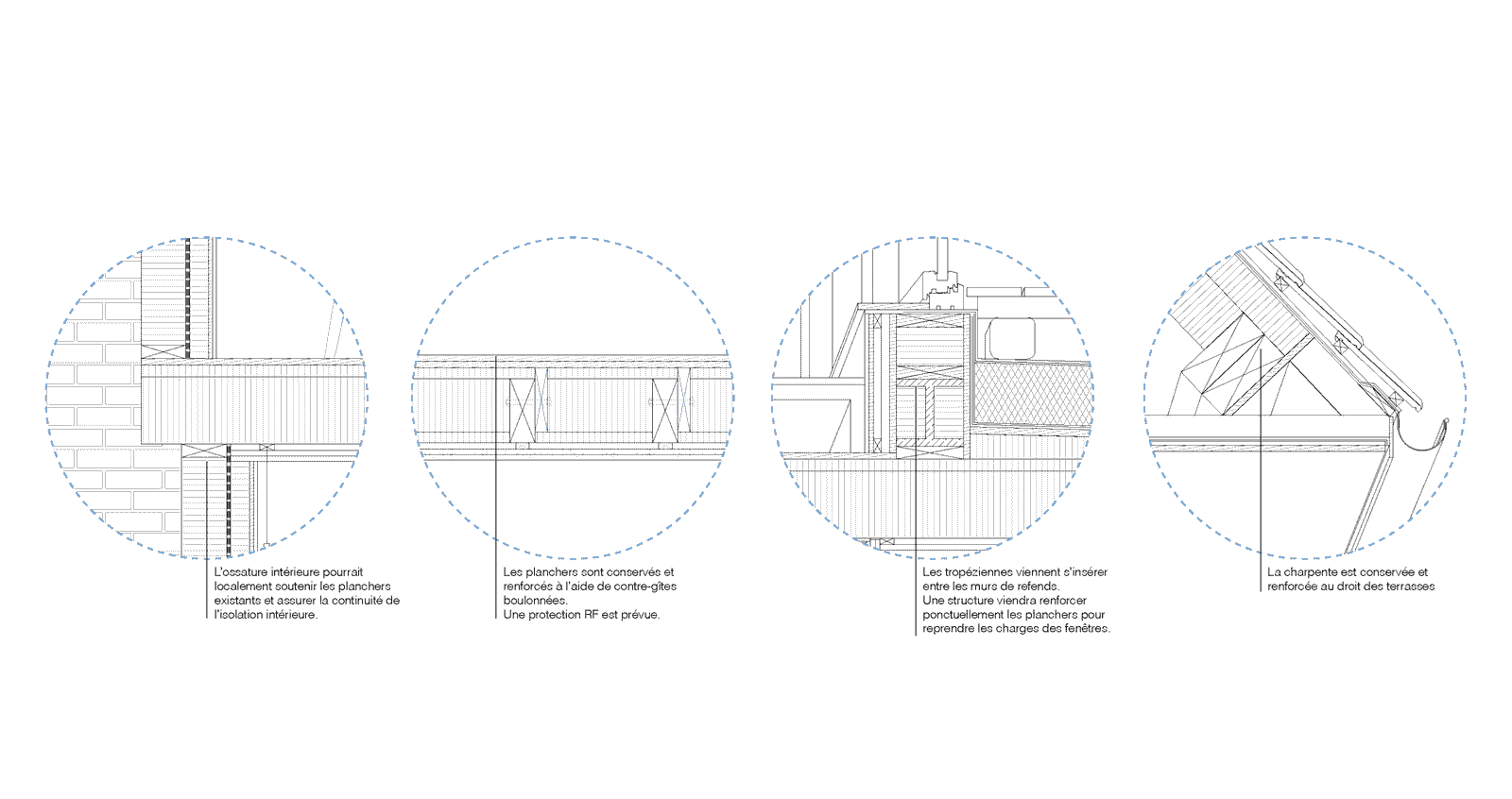 Circular construction details of façade and roof junctions