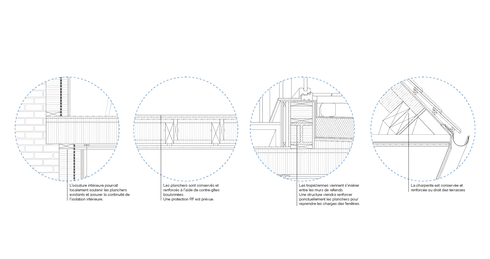 Circular construction details of façade and roof junctions