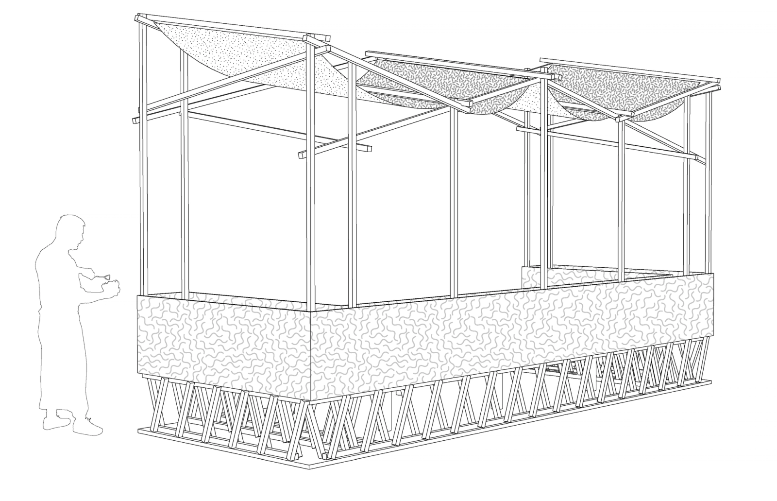 Axonometric drawing of the raised pavilion, posts and fabric canopy