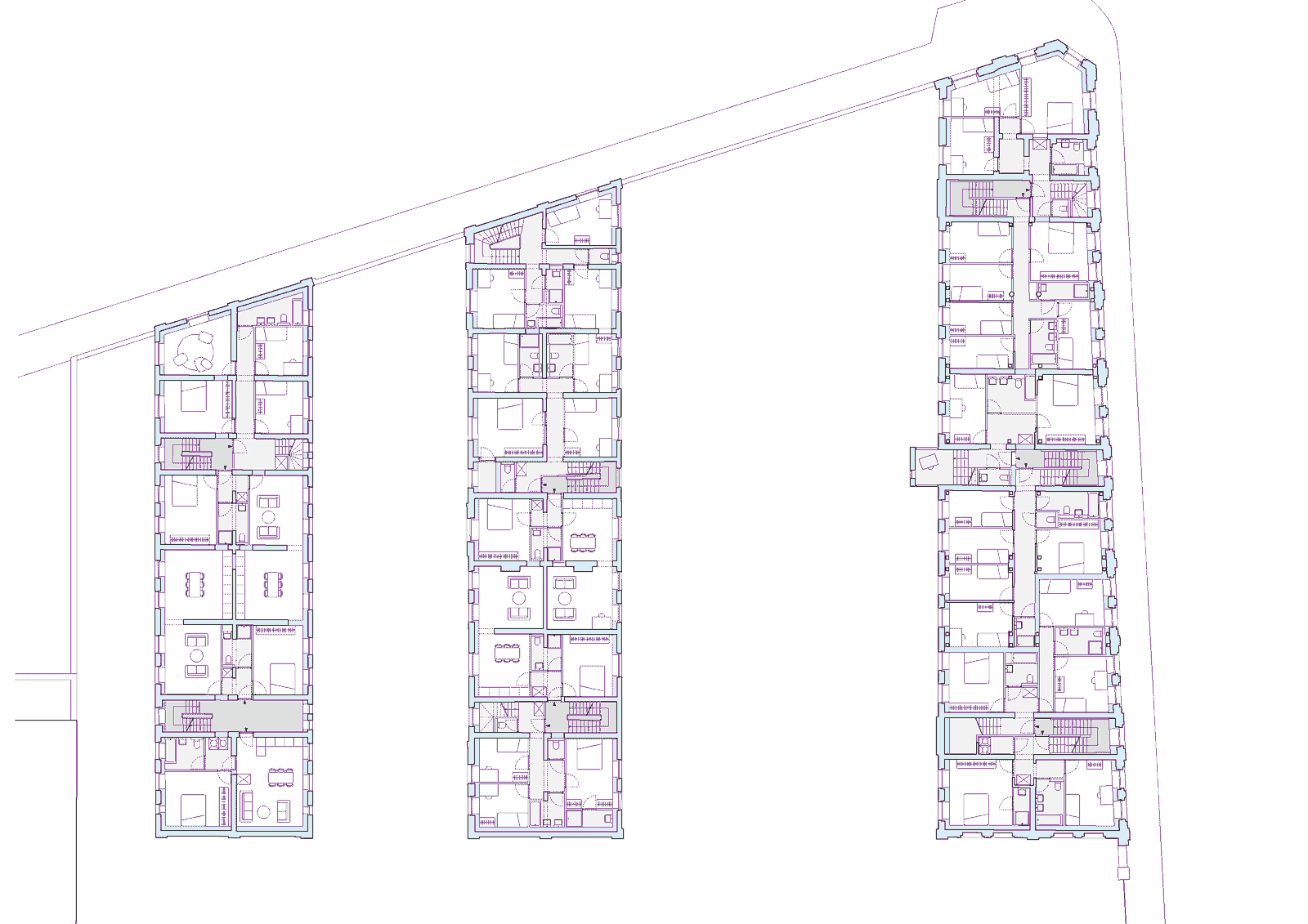Three level plans of the residential wings and circulation cores