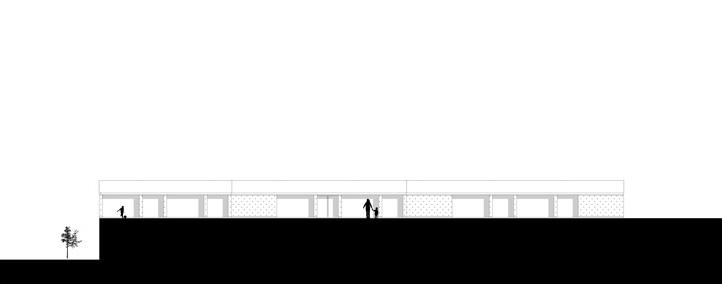 Second long elevation of the low building on a dark ground line