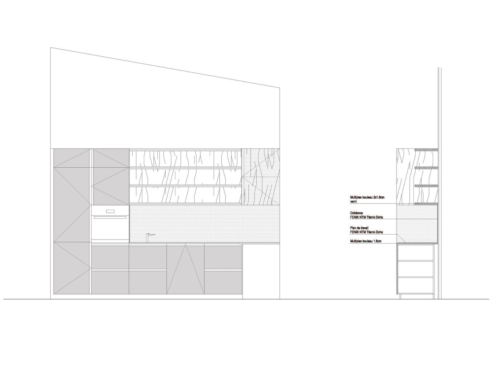 Interior elevation of built-in storage and a recessed fireplace