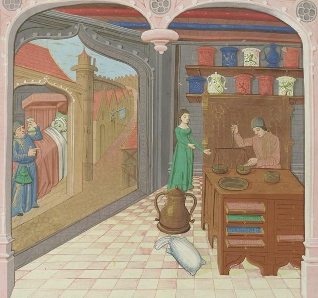 Historic illustration of an apothecary interior and adjoining street